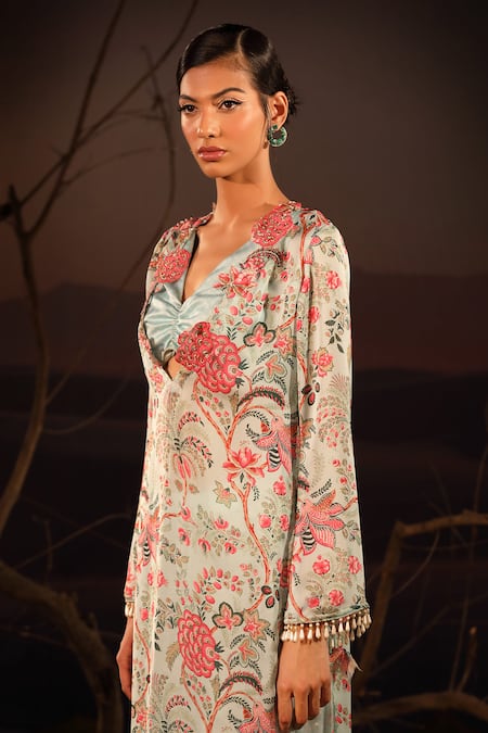 Buy_Aditi Gupta_Blue Satin Printed Floral Cutwork Kurta Set With Palazzo _Online_at_Aza_Fashions