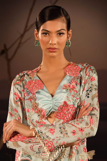 Shop_Aditi Gupta_Blue Satin Printed Floral Cutwork Kurta Set With Palazzo _Online_at_Aza_Fashions