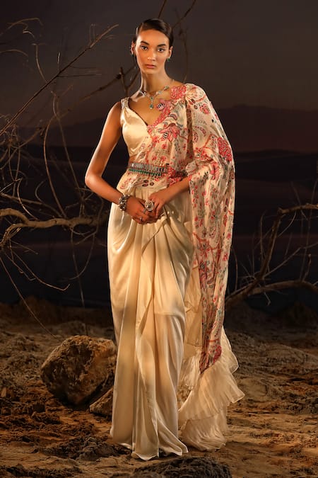 Aditi Gupta Ivory Saree And Blouse Satin Printed Floral V Ruffle Pre-draped With 