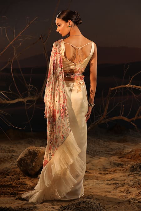 Shop_Aditi Gupta_Ivory Saree And Blouse Satin Printed Floral V Neck Ruffle Pre-draped With _at_Aza_Fashions