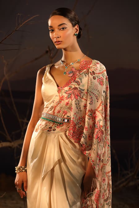 Aditi Gupta_Ivory Saree And Blouse Satin Printed Floral V Neck Ruffle Pre-draped With _Online_at_Aza_Fashions