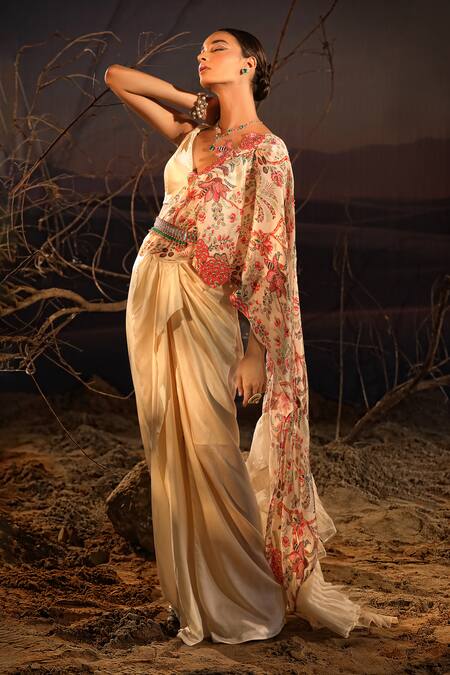 Buy_Aditi Gupta_Ivory Saree And Blouse Satin Printed Floral V Neck Ruffle Pre-draped With _Online_at_Aza_Fashions