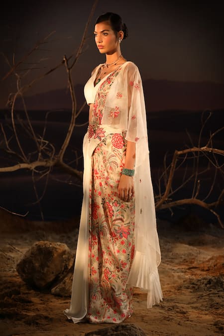 Aditi Gupta Ivory Saree And Blouse Satin Printed Floral Blossom Pre-draped With 