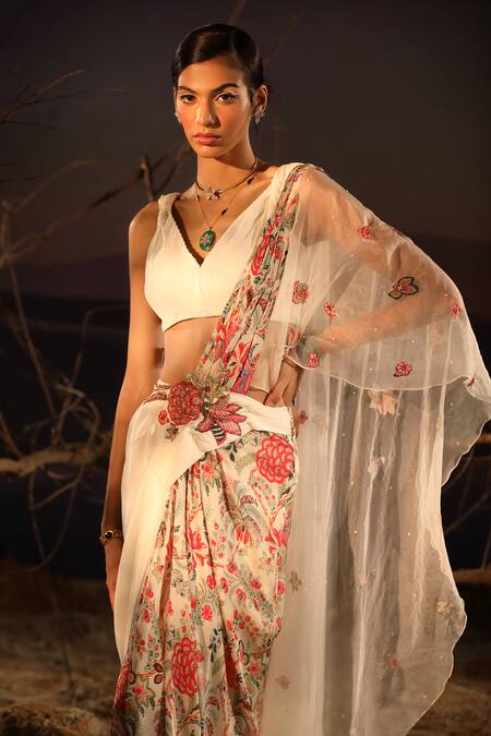 Aditi Gupta_Ivory Satin, Organza Pearls, Beads Blossom Print Pre-draped Saree With Blouse _Online_at_Aza_Fashions