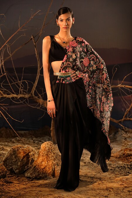 Aditi Gupta Black Saree And Blouse Satin Printed Floral V Neck Placement Pre-draped With 