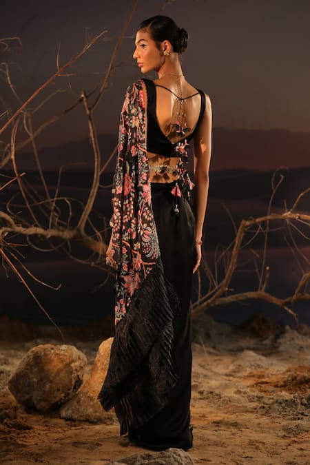 Shop_Aditi Gupta_Black Satin, Organza Pearls, Placement Printed Pre-draped Saree With Blouse _at_Aza_Fashions