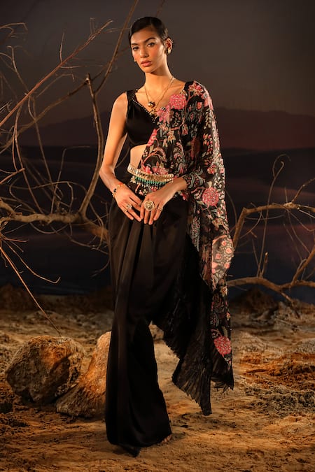 Aditi Gupta_Black Satin, Organza Pearls, Placement Printed Pre-draped Saree With Blouse _Online_at_Aza_Fashions