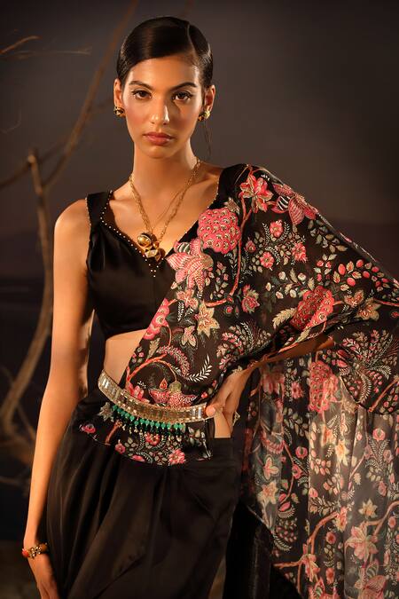 Buy_Aditi Gupta_Black Satin, Organza Pearls, Placement Printed Pre-draped Saree With Blouse _Online_at_Aza_Fashions