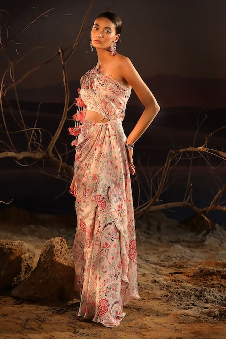 Buy_Aditi Gupta_Pink Satin, Organza Embroidery, Beads, Pearls Blossom Print Draped Dress _Online_at_Aza_Fashions