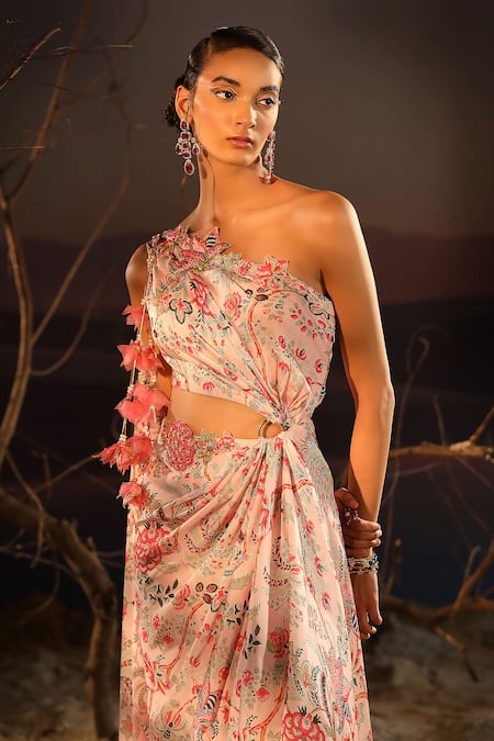 Shop_Aditi Gupta_Pink Satin, Organza Embroidery, Beads, Pearls Blossom Print Draped Dress _Online_at_Aza_Fashions