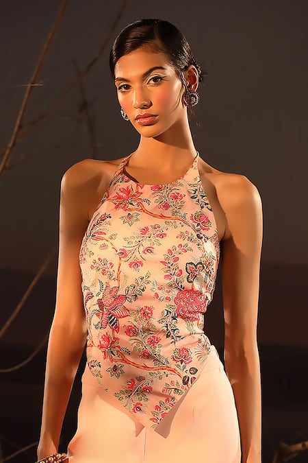 Buy Aditi Gupta Pink Satin Printed Blossom Halter Neck Corset Top And Pant Set Online at Aza Fashions Buy_Aditi Gupta_Pink Satin Printed Blossom Halter Neck Corset Top And Pant Set _Online_at_Aza_Fashions