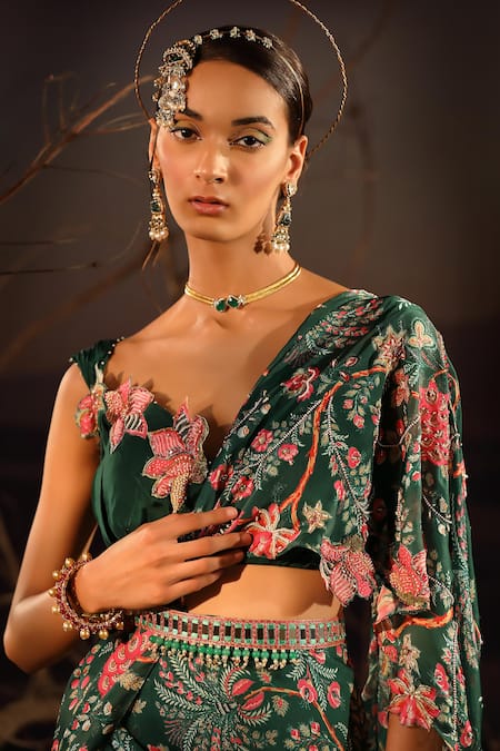Buy_Aditi Gupta_Green Satin, Organza Pearls, Beads, Botanical Print Pre-draped Saree With Blouse _Online_at_Aza_Fashions