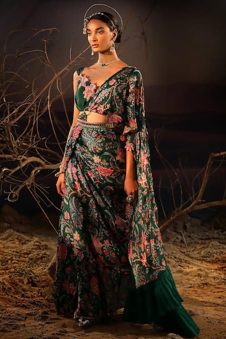 Shop_Aditi Gupta_Green Satin, Organza Pearls, Beads, Botanical Print Pre-draped Saree With Blouse _Online_at_Aza_Fashions
