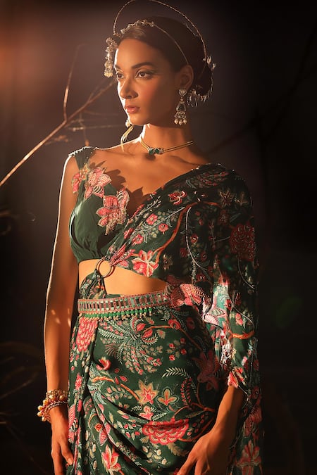 Aditi Gupta_Green Satin, Organza Pearls, Beads, Botanical Print Pre-draped Saree With Blouse _at_Aza_Fashions