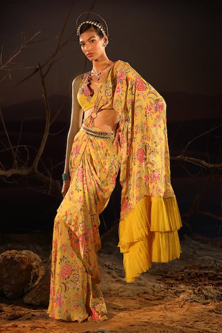 Aditi Gupta_Yellow Satin, Organza Beads, Applique Printed Pre-draped Saree With Blouse _Online_at_Aza_Fashions
