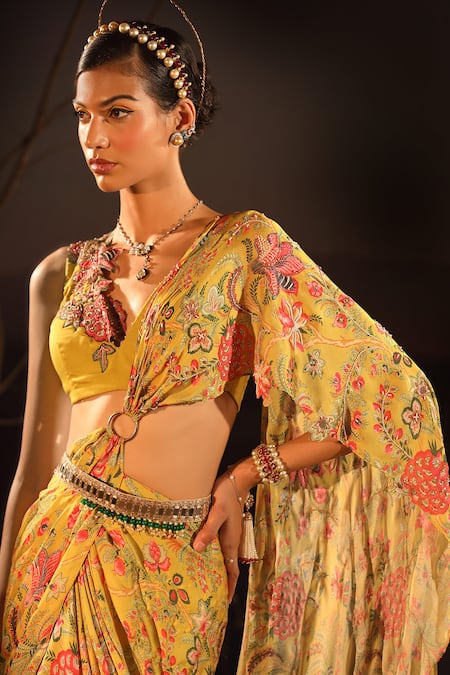 Buy_Aditi Gupta_Yellow Satin, Organza Beads, Applique Printed Pre-draped Saree With Blouse _Online_at_Aza_Fashions