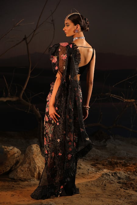 Shop_Aditi Gupta_Black Satin Printed And Embroidered Blossom Panelled Pre-draped Saree With Blouse _at_Aza_Fashions