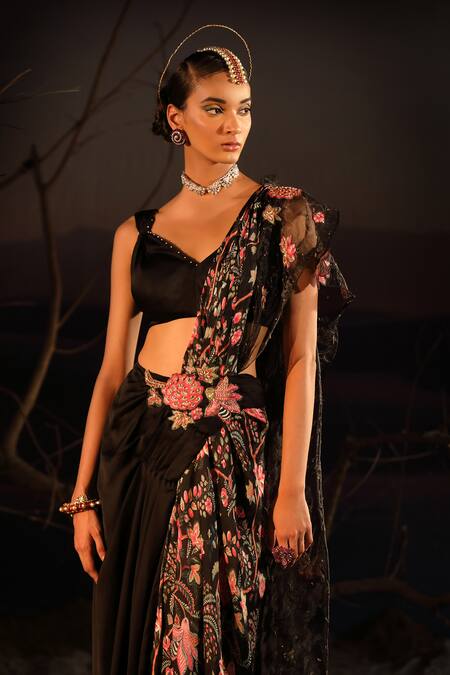 Aditi Gupta_Black Satin Printed And Embroidered Blossom Panelled Pre-draped Saree With Blouse _Online_at_Aza_Fashions