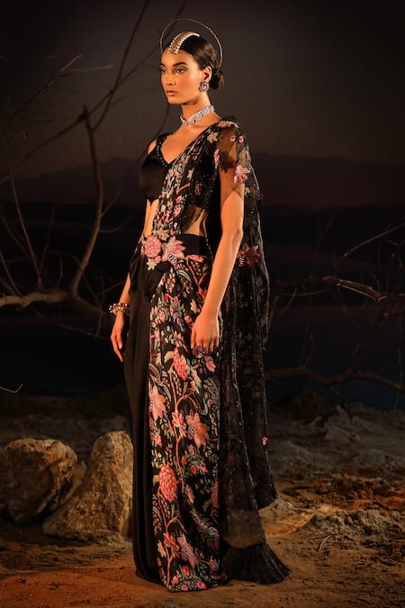 Buy_Aditi Gupta_Black Satin Printed And Embroidered Blossom Panelled Pre-draped Saree With Blouse _Online_at_Aza_Fashions