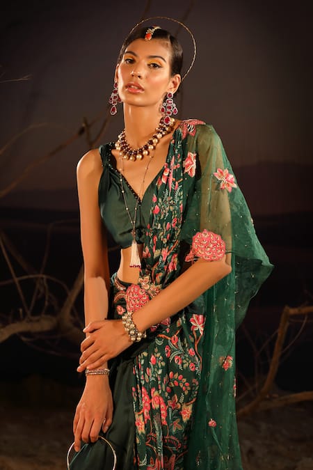 Buy_Aditi Gupta_Green Printed And Embroidered Blossom Satin Panelled Pre-draped Saree With Blouse _Online_at_Aza_Fashions