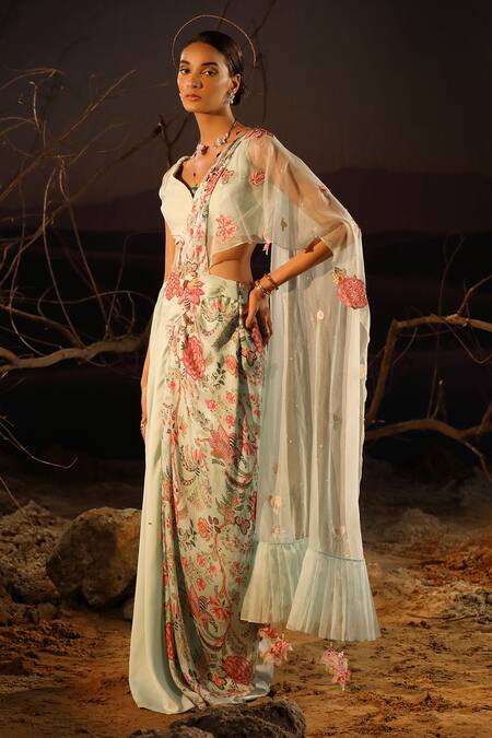 Aditi Gupta_Blue Printed And Embroidered Blossom Pattern Satin Pre-draped Saree With Blouse _Online_at_Aza_Fashions