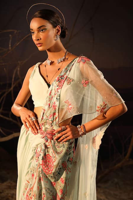 Shop_Aditi Gupta_Blue Printed And Embroidered Blossom Pattern Satin Pre-draped Saree With Blouse _Online_at_Aza_Fashions