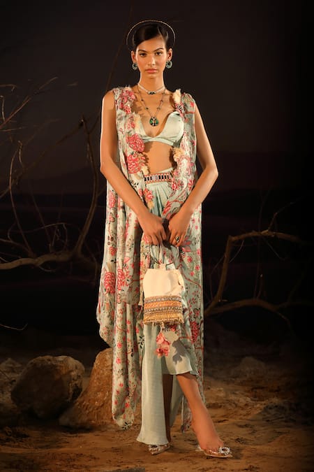 Aditi Gupta Blue Printed And Embroidered Blossom Cape Pattern Draped Skirt Set 