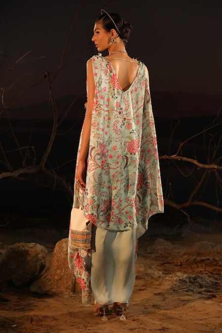 Shop_Aditi Gupta_Blue Printed And Embroidered Blossom Cape Open Floral Applique Draped Skirt Set _at_Aza_Fashions