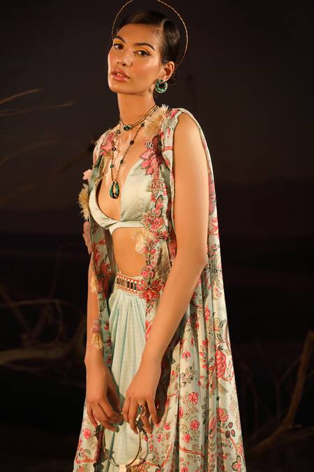 Aditi Gupta_Blue Printed And Embroidered Blossom Cape Open Floral Applique Draped Skirt Set _Online_at_Aza_Fashions