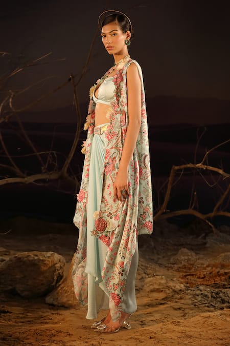 Buy_Aditi Gupta_Blue Printed And Embroidered Blossom Cape Open Floral Applique Draped Skirt Set _Online_at_Aza_Fashions