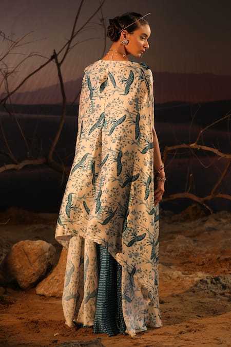Shop_Aditi Gupta_Blue Satin Printed And Embroidered Floral Peacock & Ivory Dress & Set _at_Aza_Fashions