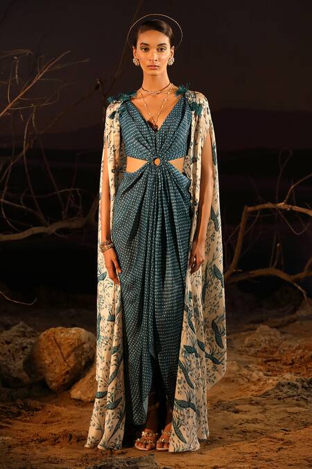 Aditi Gupta_Blue Satin Printed And Embroidered Floral Peacock & Ivory Dress & Set _Online_at_Aza_Fashions