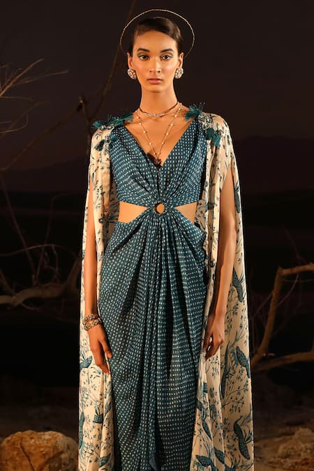 Buy Aditi Gupta Blue Satin Printed And Embroidered Floral Peacock & Ivory Dress & Set Online at Aza Fashions Buy_Aditi Gupta_Blue Satin Printed And Embroidered Floral Peacock & Ivory Dress & Set _Online_at_Aza_Fashions