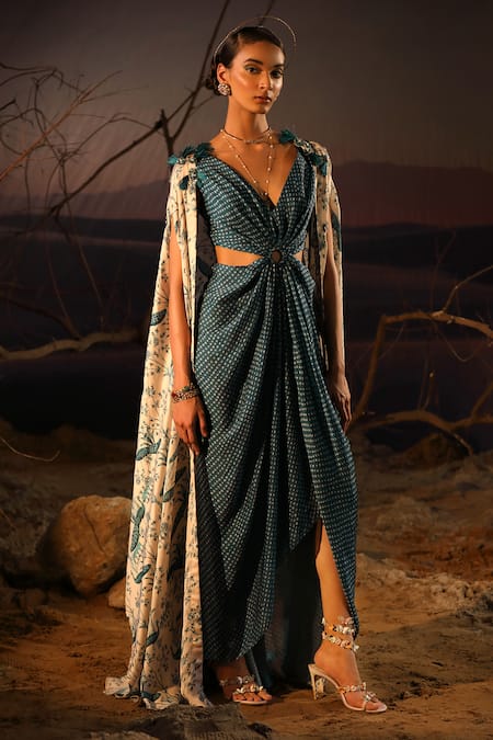 Shop_Aditi Gupta_Blue Satin Printed And Embroidered Floral Peacock & Ivory Dress & Set _Online_at_Aza_Fashions