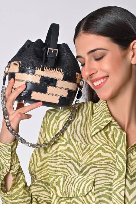 Buy_X Feet Above_Black Patchwork Vienna Jute And Leather Bucket Bag _Online_at_Aza_Fashions