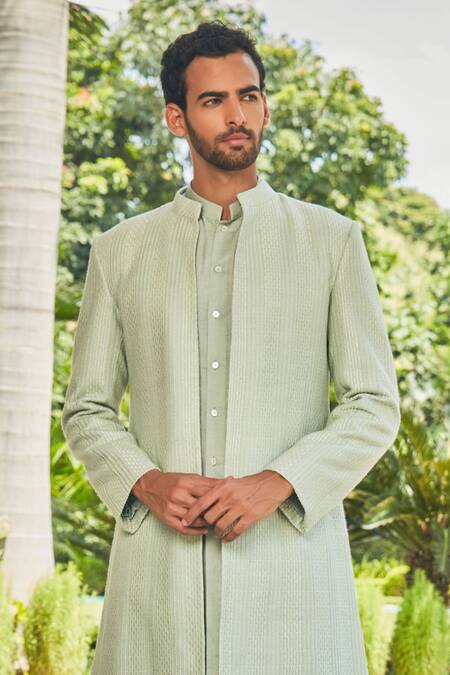 Men's Cotton Art Silk Kurta Set in Green | Stylish men wear, Green cotton,  Silk bottoms