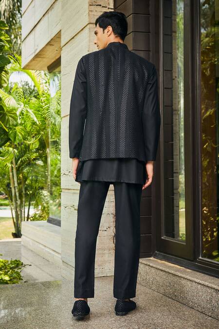 Shop Bohame Black Georgette, Terrycloth Embroidery, Sequins Chikankari Bundi And Kurta Set at Aza Fashions Shop_Bohame_Black Georgette, Terrycloth Embroidery, Sequins Chikankari Bundi And Kurta Set_at_Aza_Fashions