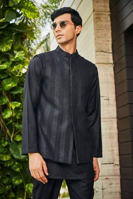 Bohame Black Georgette, Terrycloth Embroidery, Sequins Chikankari Bundi And Kurta Set Online at Aza Fashions Bohame_Black Georgette, Terrycloth Embroidery, Sequins Chikankari Bundi And Kurta Set_Online_at_Aza_Fashions