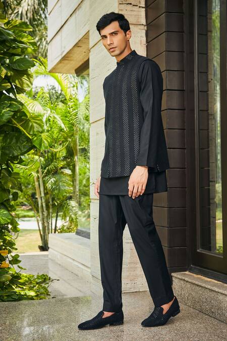 Shop Bohame Black Georgette, Terrycloth Embroidery, Sequins Chikankari Bundi And Kurta Set Online at Aza Fashions Shop_Bohame_Black Georgette, Terrycloth Embroidery, Sequins Chikankari Bundi And Kurta Set_Online_at_Aza_Fashions