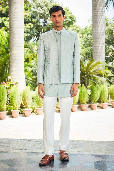 Buy_Bohame_Green Georgette, Terrycloth Embroidery Chikankari Kurta Set_Online_at_Aza_Fashions