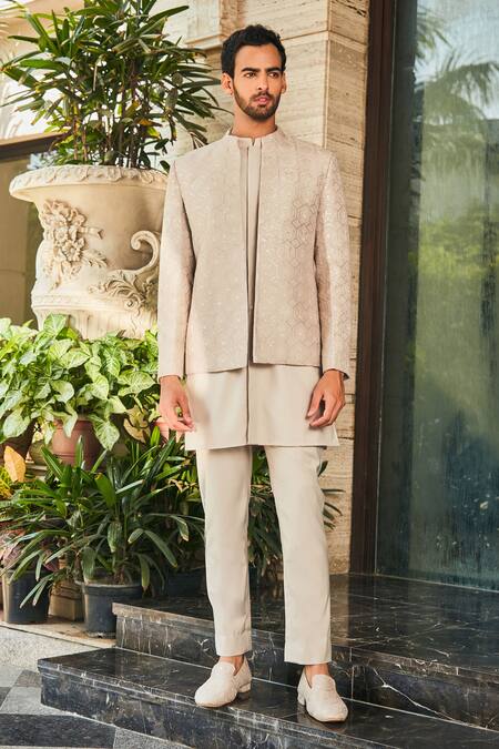 Bohame Ivory Georgette, Terrycloth Chains, Arit Chikankari Open Jacket And Kurta Set Online at Aza Fashions Bohame_Ivory Georgette, Terrycloth Chains, Arit Chikankari Open Jacket And Kurta Set_Online_at_Aza_Fashions