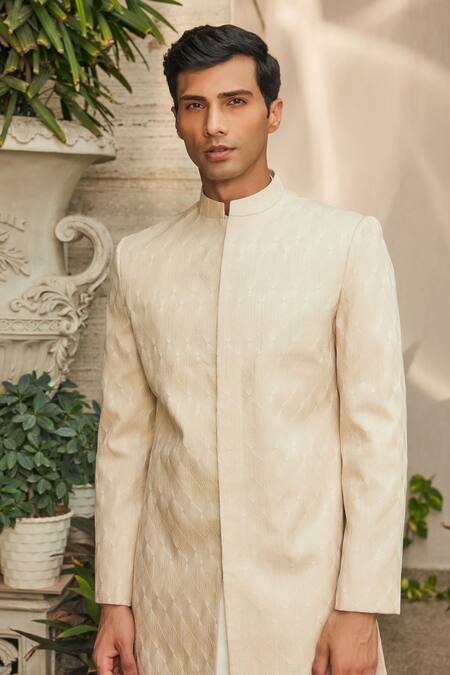 Bohame_Beige Georgette, Cotton Satin, Terrycloth Avyay Achkan Jacket With Kurta Set_Online_at_Aza_Fashions