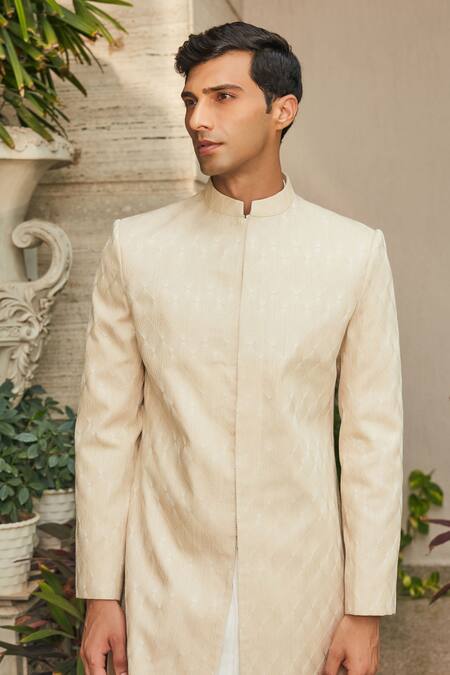 Buy_Bohame_Beige Georgette, Cotton Satin, Terrycloth Avyay Achkan Jacket With Kurta Set_Online_at_Aza_Fashions