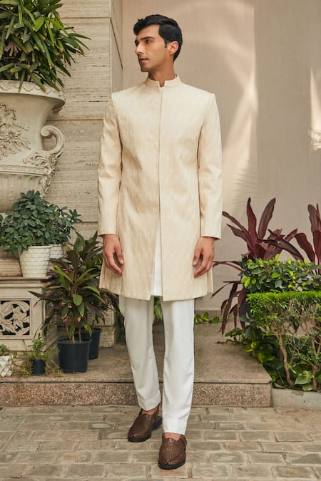 Shop_Bohame_Beige Georgette, Cotton Satin, Terrycloth Avyay Achkan Jacket With Kurta Set_Online_at_Aza_Fashions