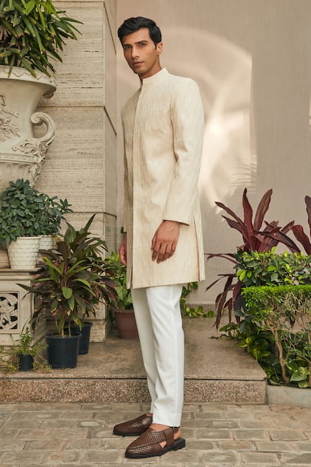 Bohame_Beige Georgette, Cotton Satin, Terrycloth Avyay Achkan Jacket With Kurta Set_at_Aza_Fashions