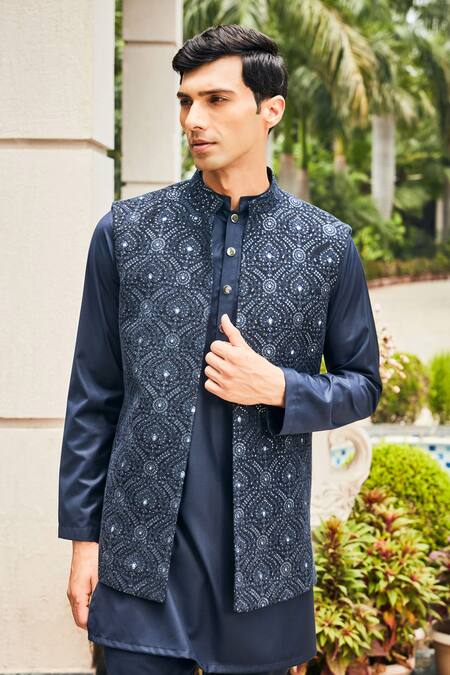 Buy_Bohame_Blue Georgette, Terrycloth Embroidery, Sequins Chikankari Bundi And Kurta Set_Online_at_Aza_Fashions