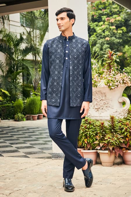 Shop_Bohame_Blue Georgette, Terrycloth Embroidery, Sequins Chikankari Bundi And Kurta Set_Online_at_Aza_Fashions