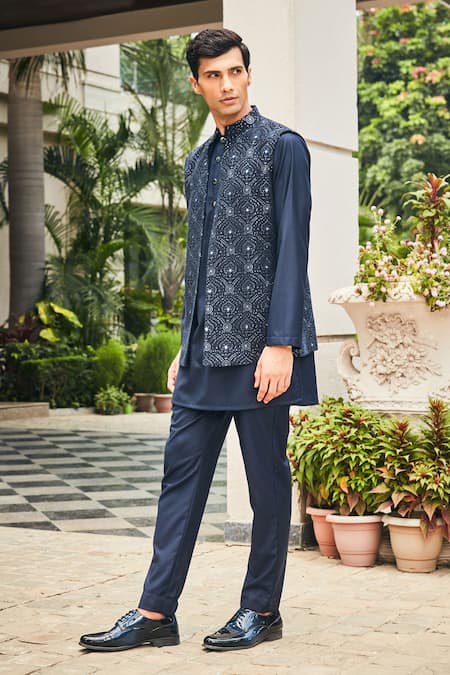 Bohame_Blue Georgette, Terrycloth Embroidery, Sequins Chikankari Bundi And Kurta Set_at_Aza_Fashions