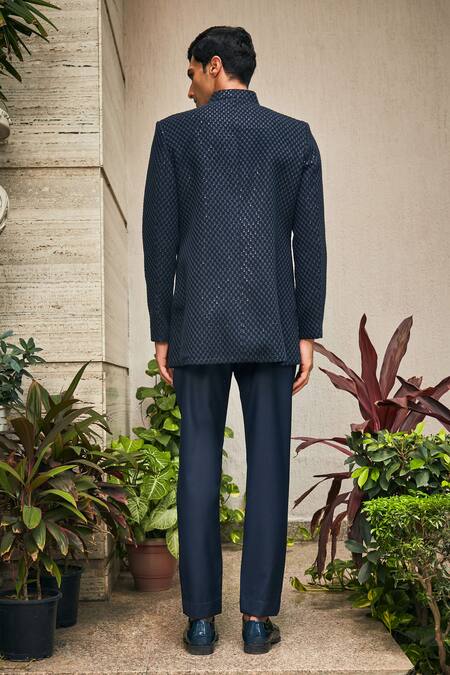 Shop_Bohame_Blue Georgette, Terrycloth Chains Krit Chikankari Achkan Jacket With Pant_at_Aza_Fashions