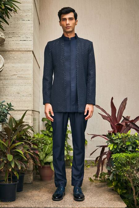 Bohame_Blue Georgette, Terrycloth Chains Krit Chikankari Achkan Jacket With Pant_Online_at_Aza_Fashions